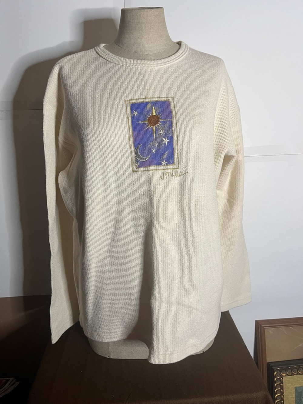 😀Vintage Canada cotton wearable art cottage core embroidery tarot card sun